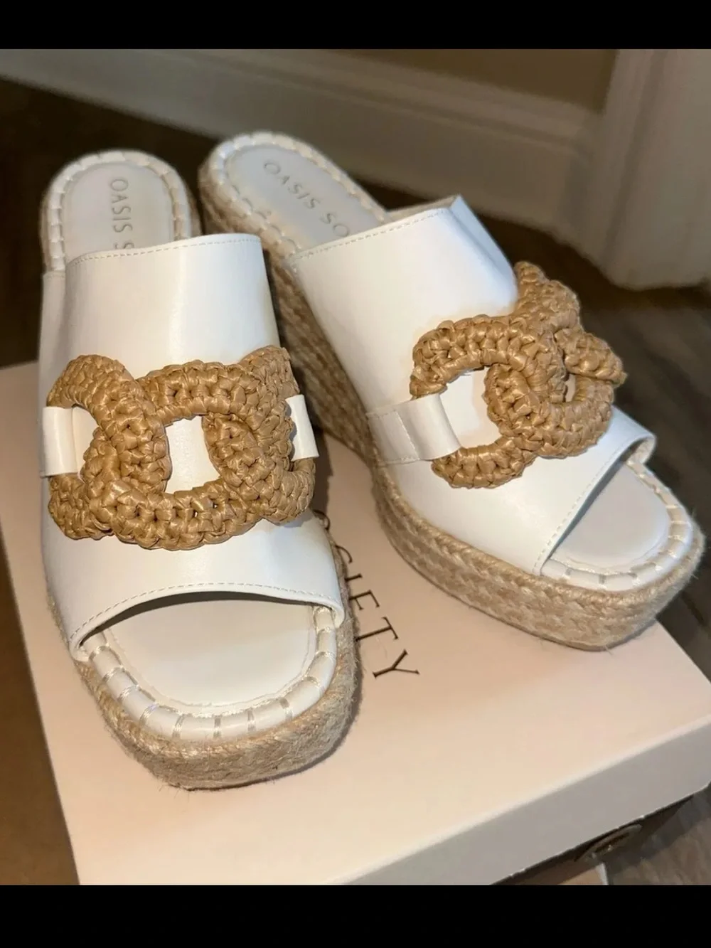 White Espadrille Wedge Slide with Natural Rope Accent
